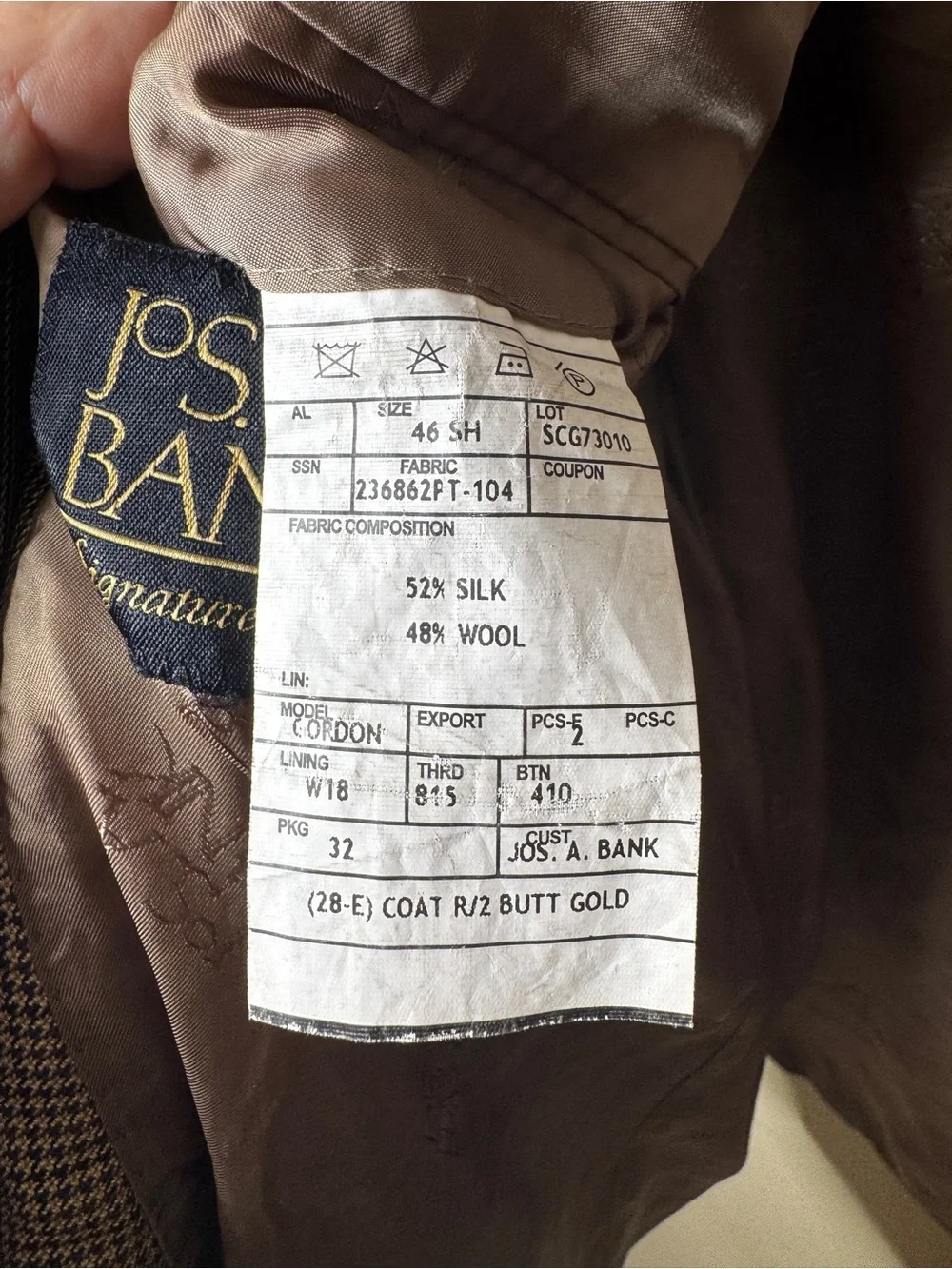 Jos A Bank Signature Gold Mens 46 Short Blazer Brown Silk Wool Houndstooth